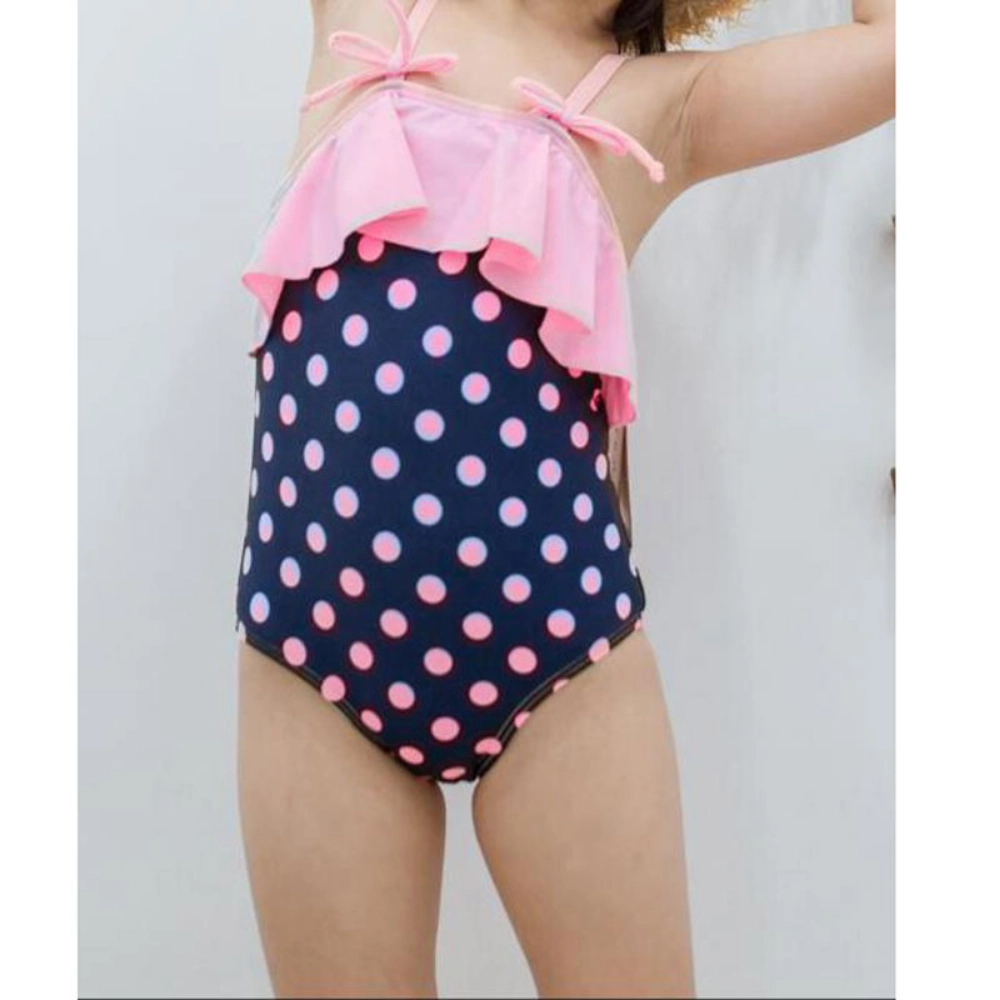 Picture of Black and Pink Polka Dot with Raffles Swimsuit with Swimming Cap