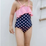 Picture of Black and Pink Polka Dot with Raffles Swimsuit with Swimming Cap