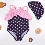 Picture of Black and Pink Polka Dot with Raffles Swimsuit with Swimming Cap