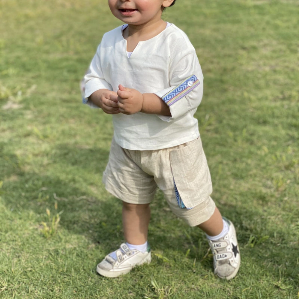 White And Blue Gergean Suit With Shorts For Boys (With Name Embroidery)