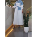 Picture of White And Blue Dress With Belt For Women