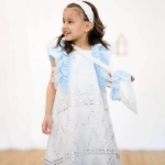 Picture of White And Blue Sequin Gergean Dress With Headband And Shoulder Bag For Newborn