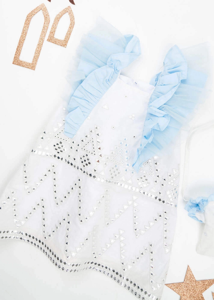 Picture of White And Blue Sequin Gergean Dress With Headband And Shoulder Bag For Newborn